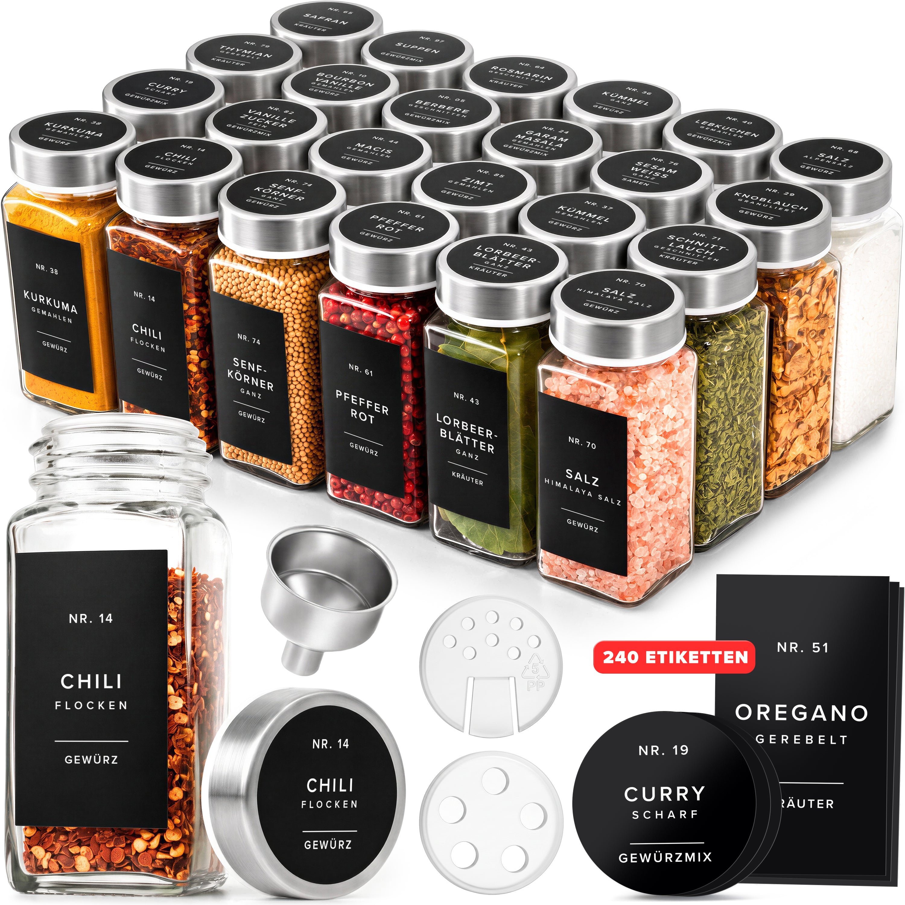 EDELHAUS  Gewürzgläser Set mit Edelstahldeckel  (24 Stück) mit 240 Schwarze Etiketten