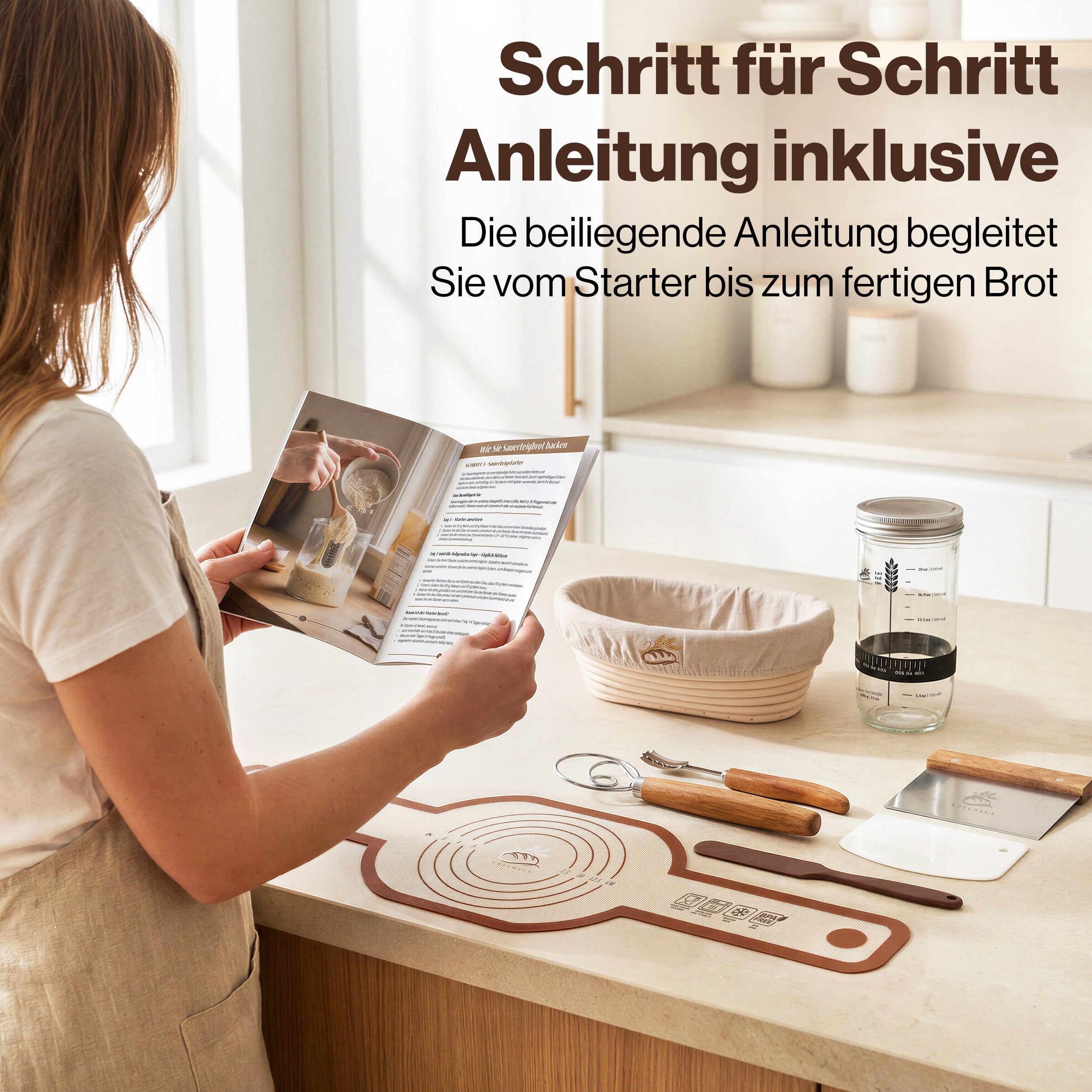 EDELHAUS Ovales Gärkörbchen Set zum Brotbacken (7-teilig)