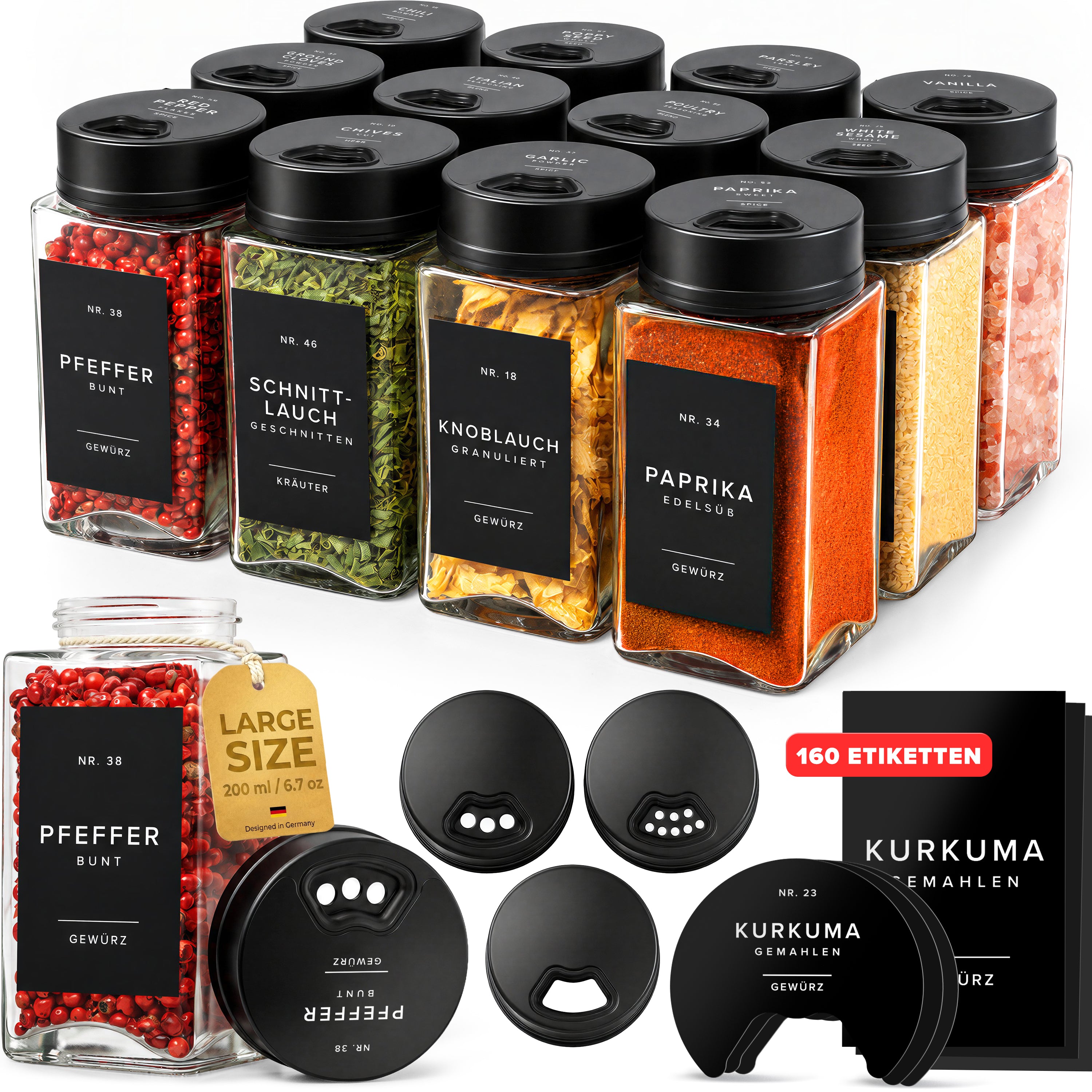 EDELHAUS Gewürzgläser Eckig Verstellbarerem Deckel Schwarz  (12 x 200 ml)