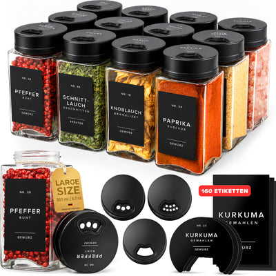 EDELHAUS Gewürzgläser Eckig Verstellbarerem Deckel Schwarz  (12 x 200 ml)