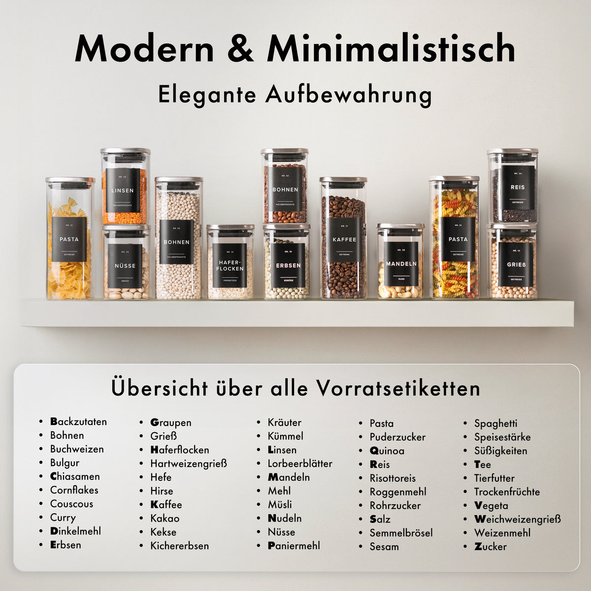 Vorratsgläser mit Deckel aus Edelstahl (4x 900ml, 8x 500ml) & 114 Vorratsetiketten