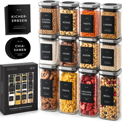 Vorratsgläser mit Deckel aus Edelstahl (4x 900ml, 8x 500ml) & 114 Vorratsetiketten