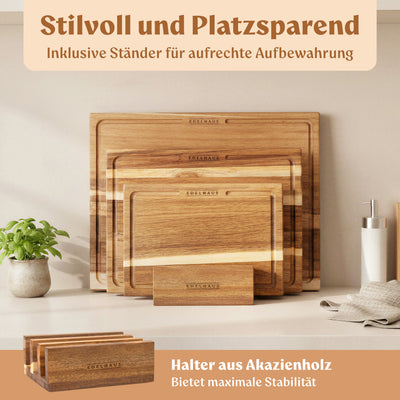 EDELHAUS Schneidebrett Holz 3er Set (40x30cm / 33x24cm / 26x18cm) Holzschneidebrett aus Massiver Akazie - 2cm dicke Holzbretter Küche mit Saftrille - Design Cutting Board Schneidbrett Set