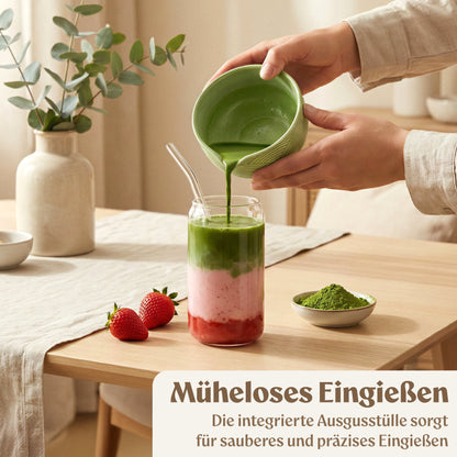 Matcha Set (7 Teilig) Matcha Schale mit Besen, Sieb, Löffel (Grün)