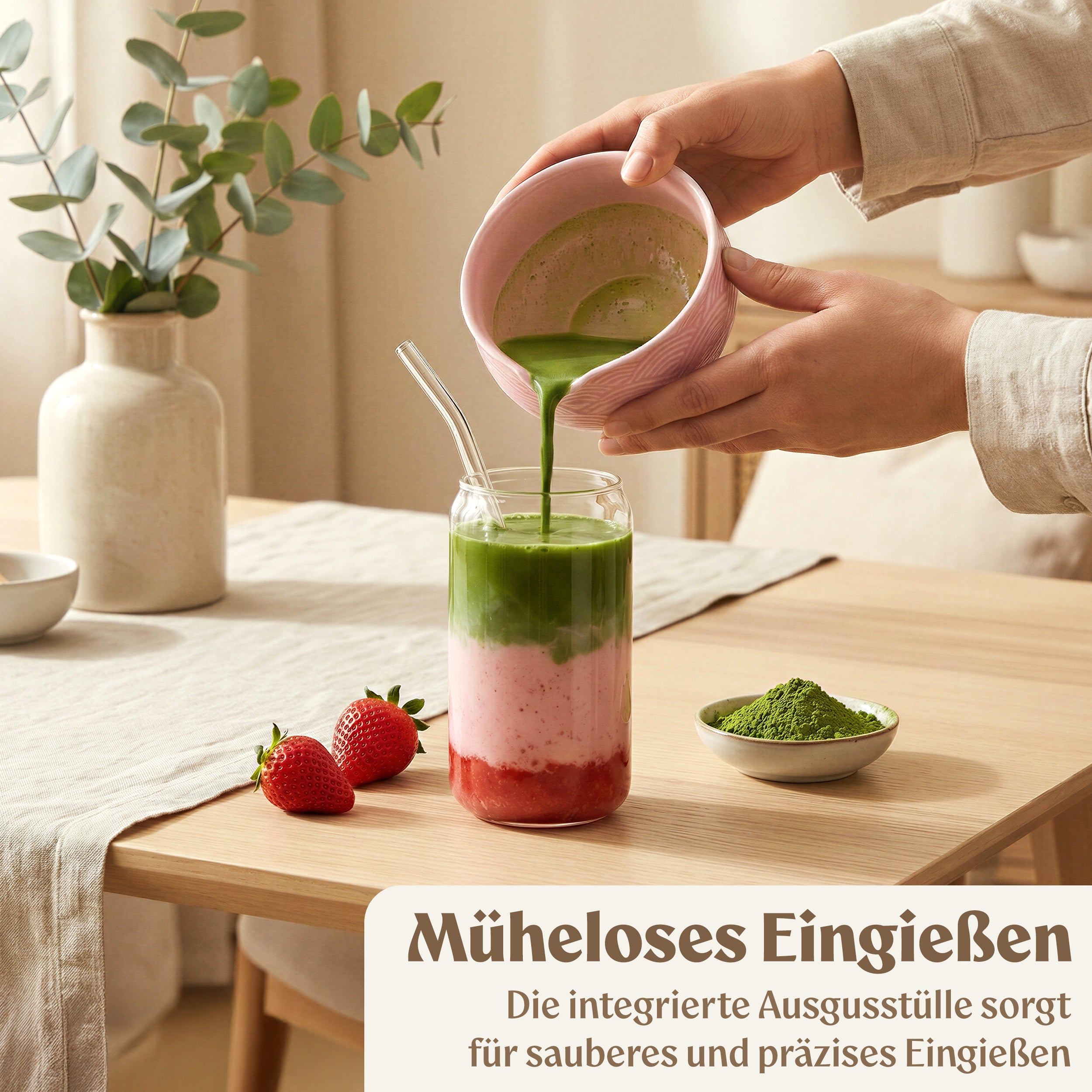 Matcha Set (7 Teilig) Matcha Schale mit Besen, Sieb, Löffel (Rose)