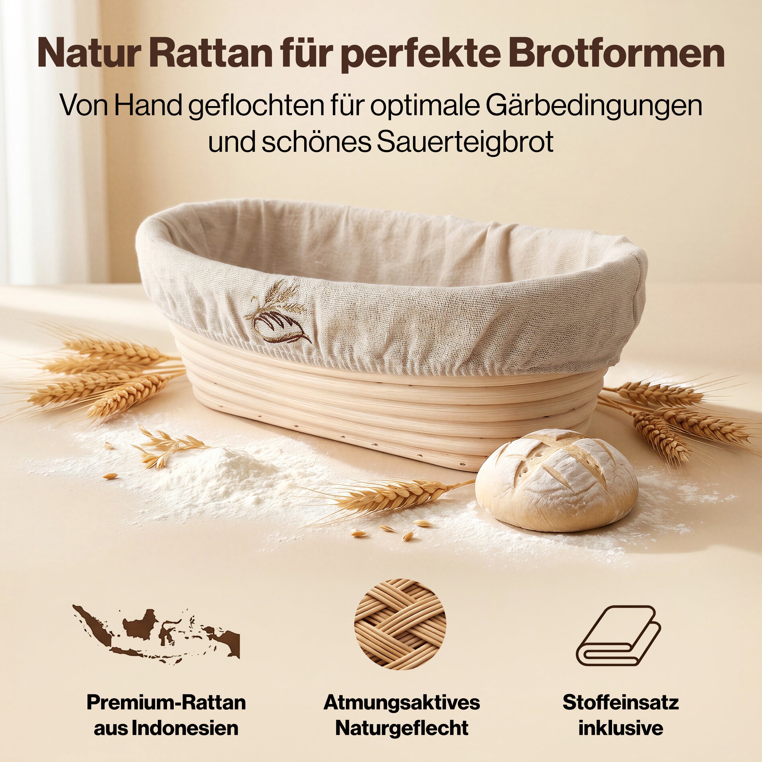 EDELHAUS Ovales Gärkörbchen Set zum Brotbacken (7-teilig)