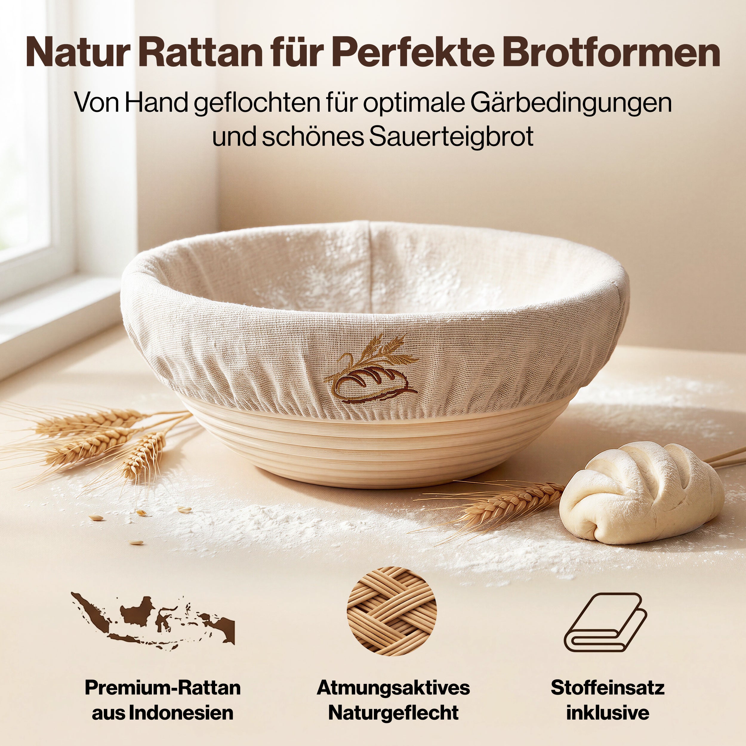 EDELHAUS Rundes Gärkörbchen Set zum Brotbacken (7-teilig)