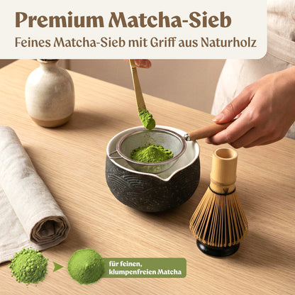 Matcha Set (7 Teilig) Matcha Schale mit Besen, Sieb, Löffel (Schwarz)