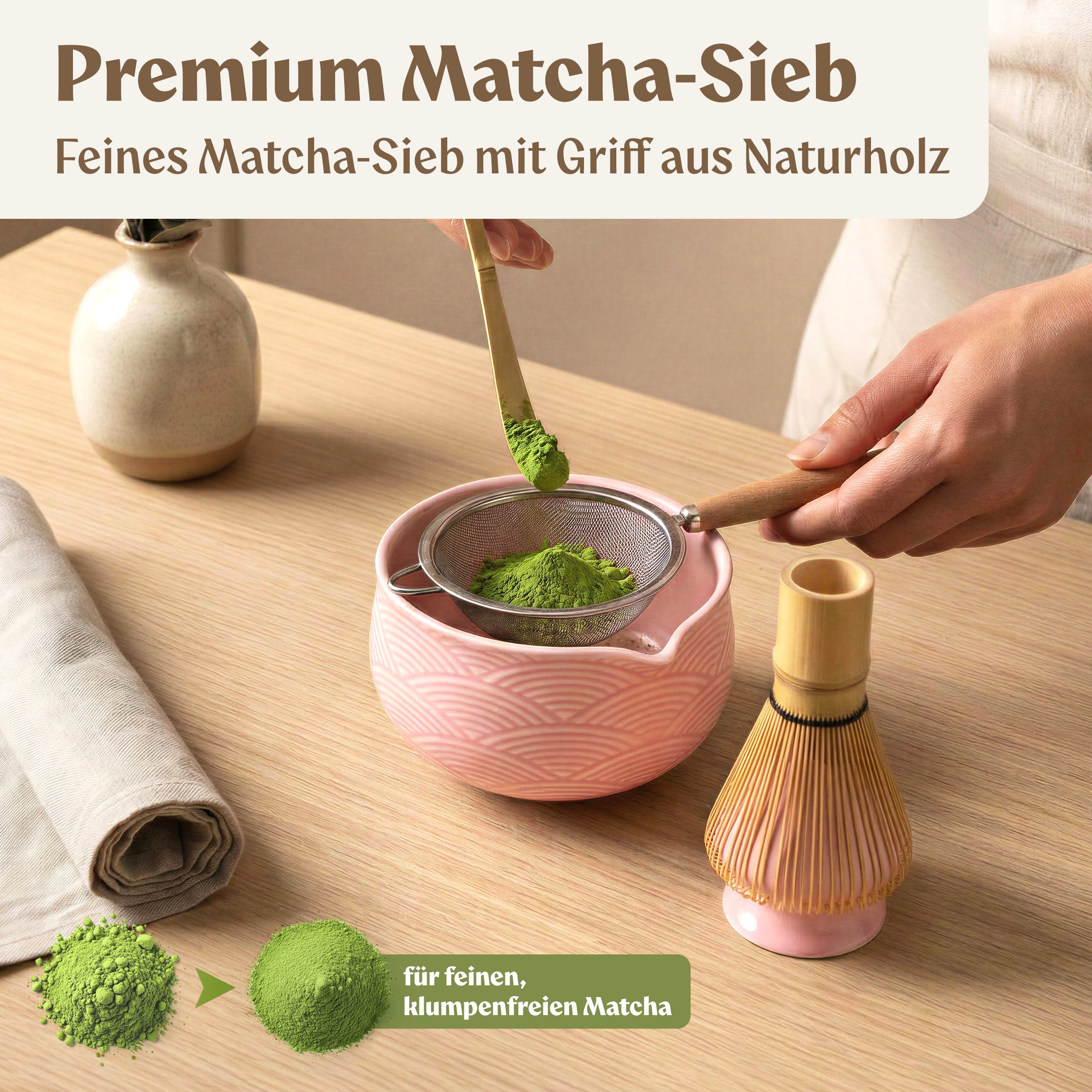 Matcha Set (7 Teilig) Matcha Schale mit Besen, Sieb, Löffel (Rose)