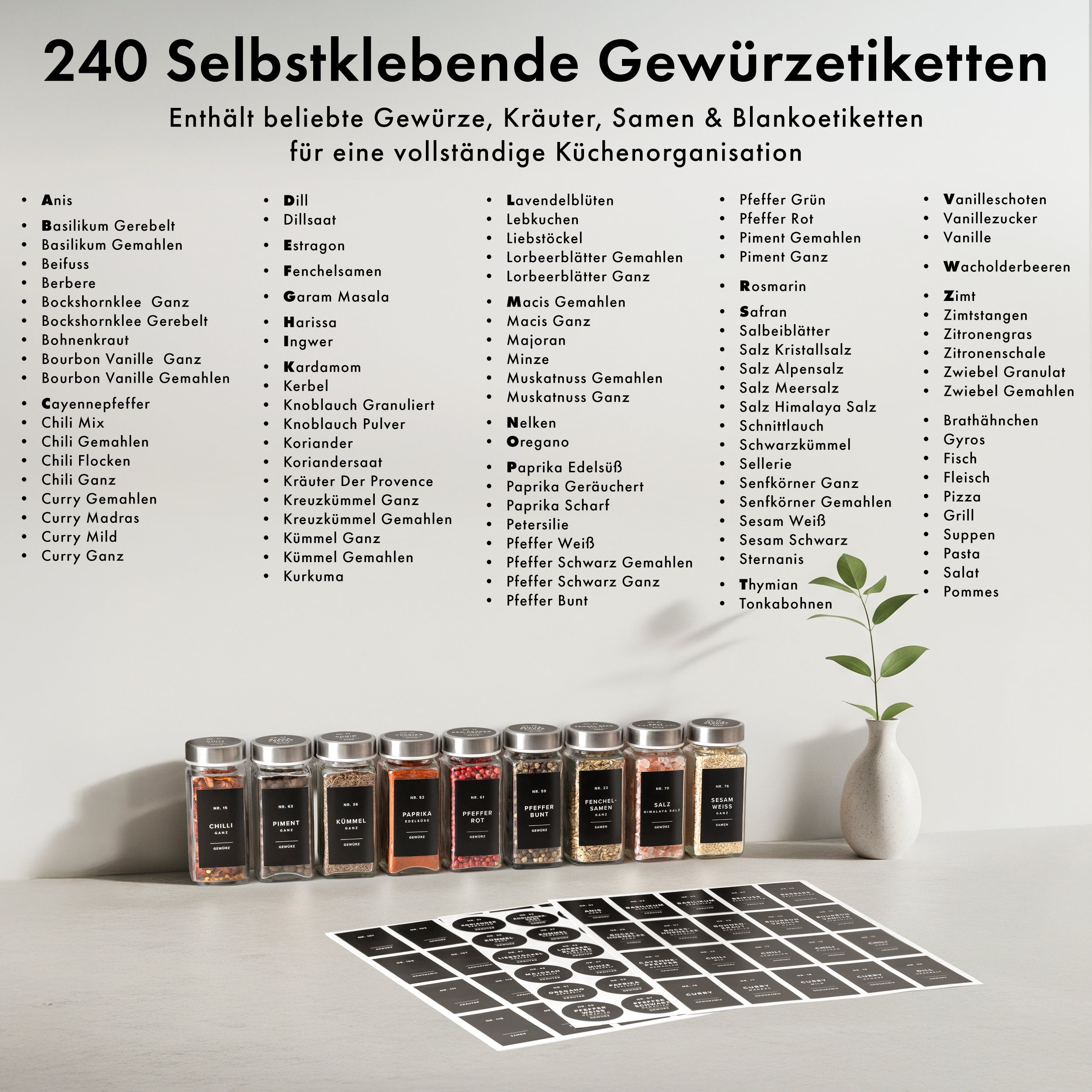 EDELHAUS  Gewürzgläser Set mit Edelstahldeckel  (24 Stück) mit 240 Schwarze Etiketten