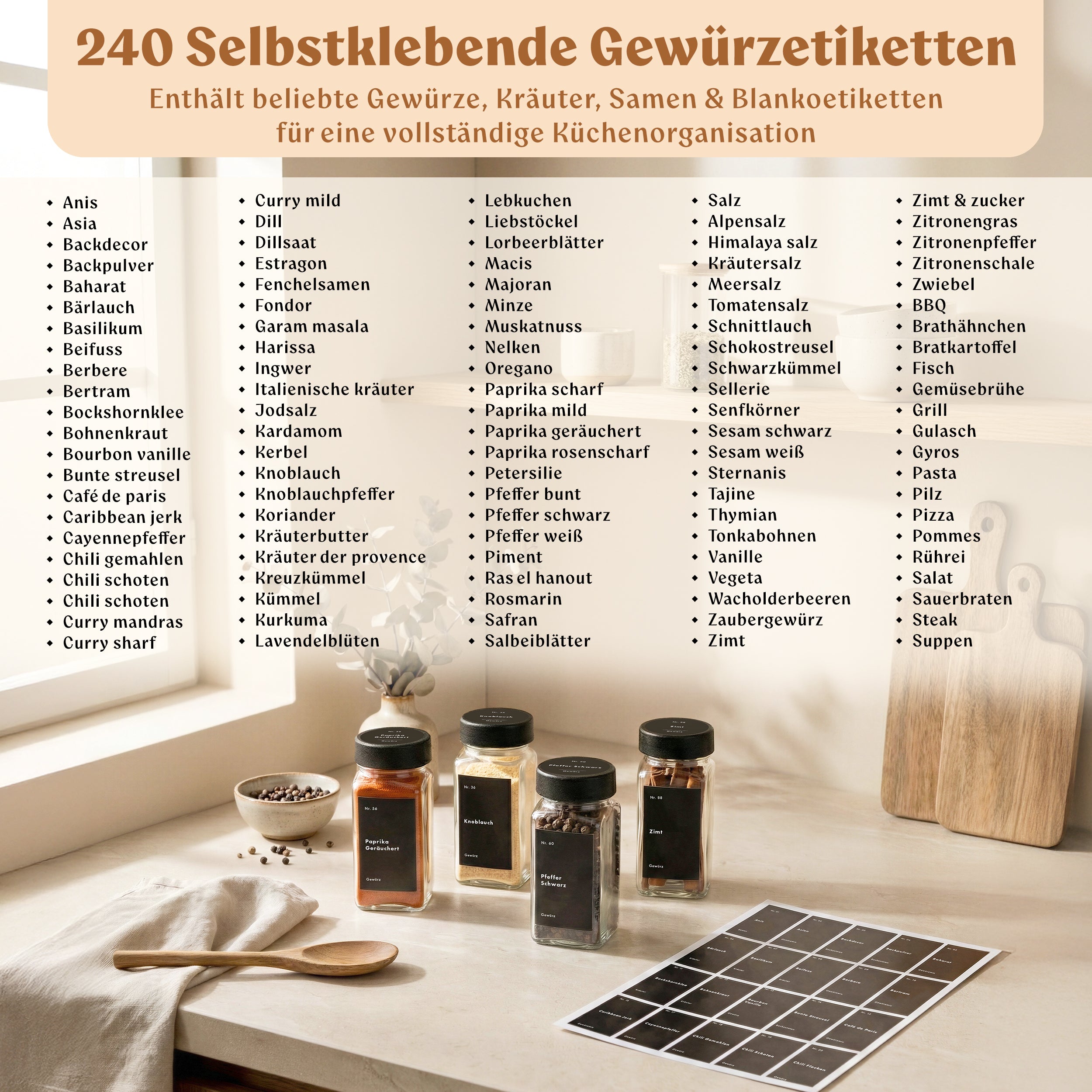 Gewürzgläser Eckig Set mit Plastikdeckel (24 x 120ml) Gewürzstreuer mit Streueinsatz und 240 Etiketten Schwarz