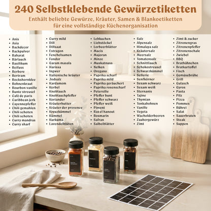 Gewürzgläser Eckig Set mit Plastikdeckel (24 x 120ml) Gewürzstreuer mit Streueinsatz und 240 Etiketten Schwarz