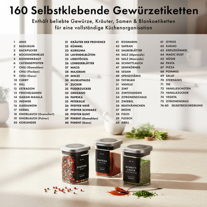 Edelstahldeckel Gewürzgläser 190ml (12 Stück) mit 160 Etiketten 