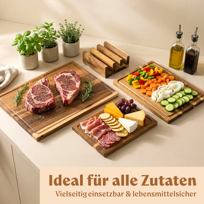 EDELHAUS Schneidebrett Holz 3er Set (40x30cm / 33x24cm / 26x18cm) Holzschneidebrett aus Massiver Akazie - 2cm dicke Holzbretter Küche mit Saftrille - Design Cutting Board Schneidbrett Set