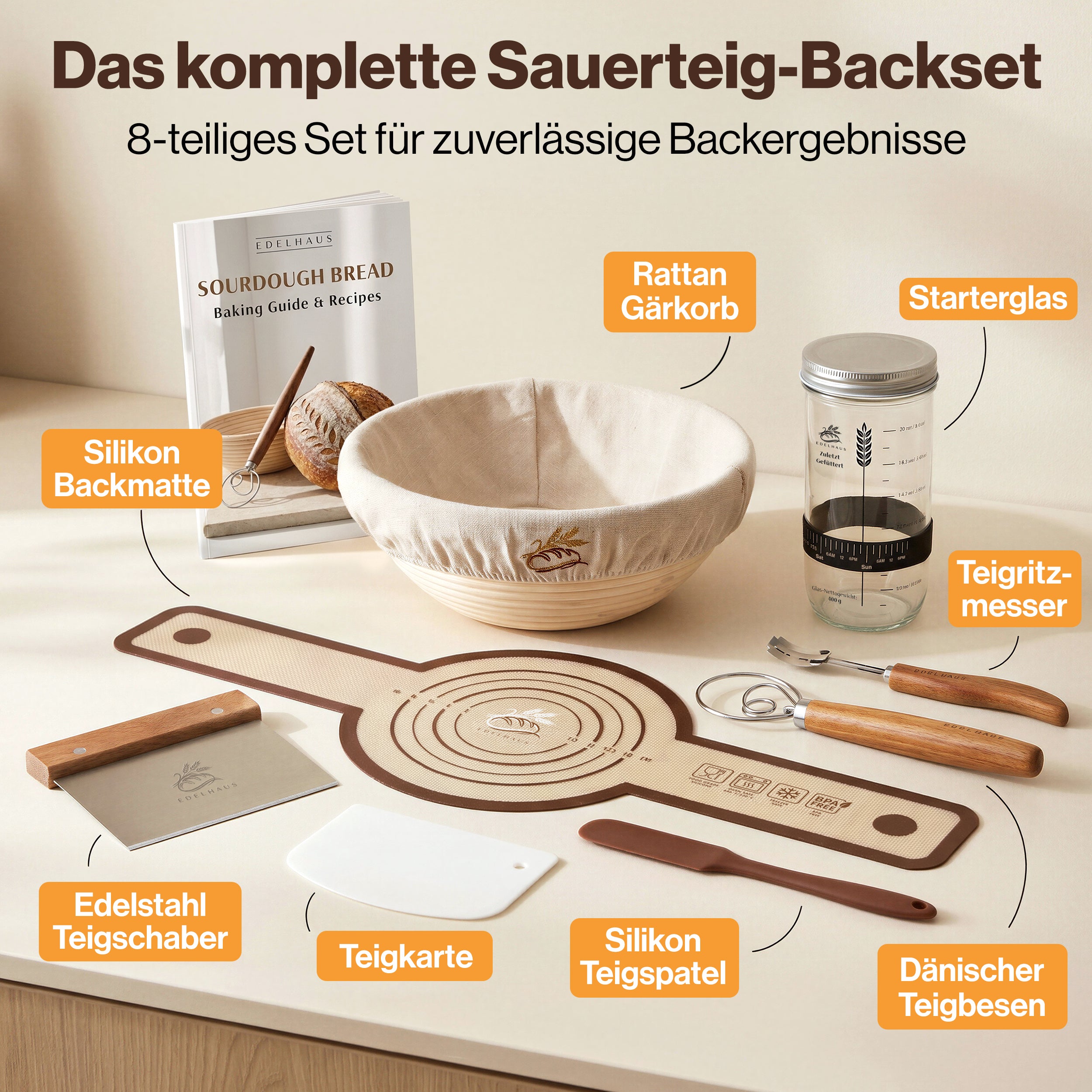 EDELHAUS Rundes Gärkörbchen Set zum Brotbacken (7-teilig)