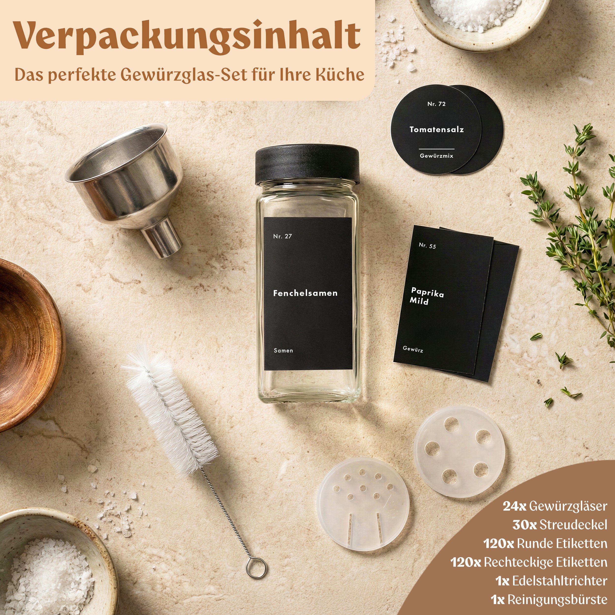Gewürzgläser Eckig Set mit Plastikdeckel (24 x 120ml) Gewürzstreuer mit Streueinsatz und 240 Etiketten Schwarz
