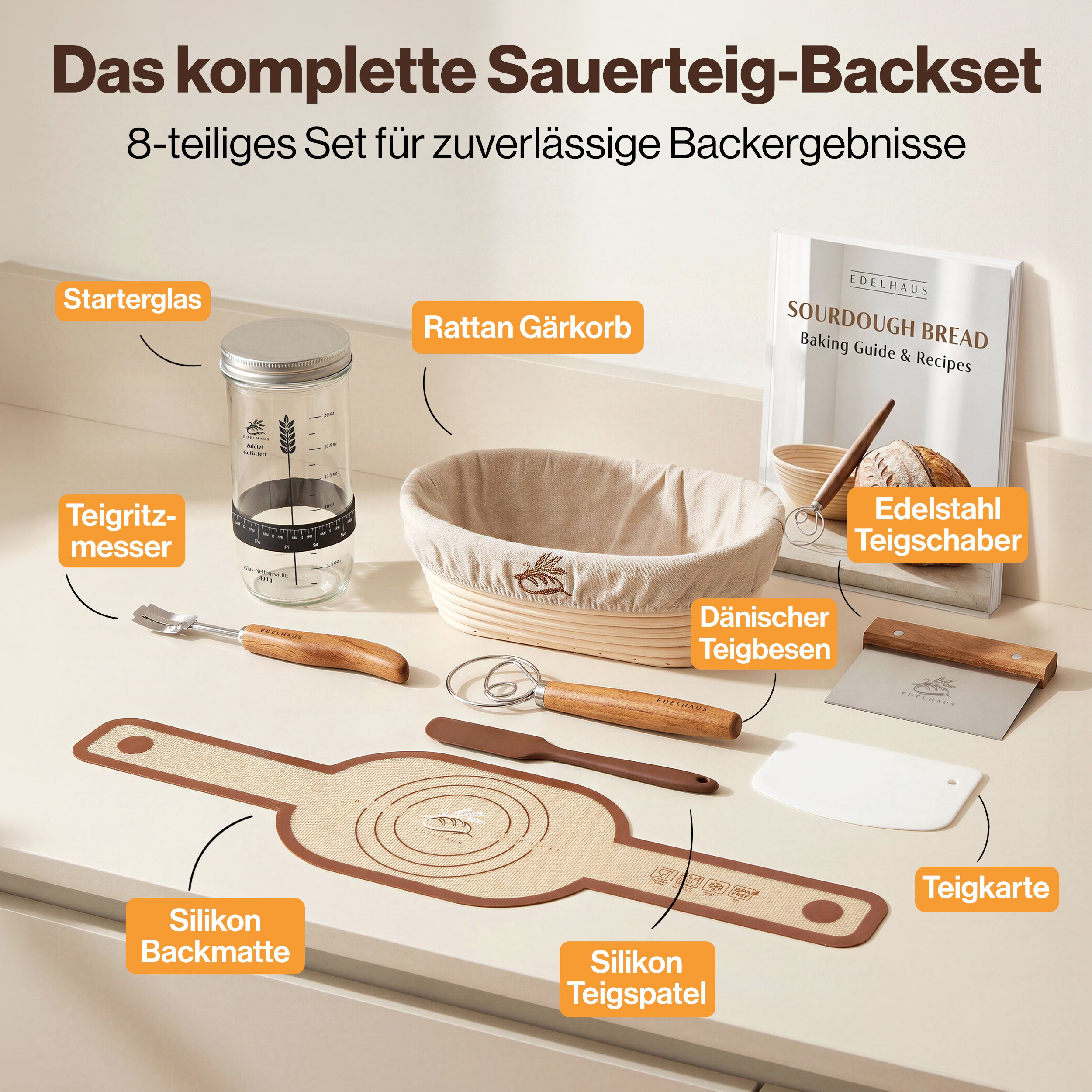 EDELHAUS Ovales Gärkörbchen Set zum Brotbacken (7-teilig)