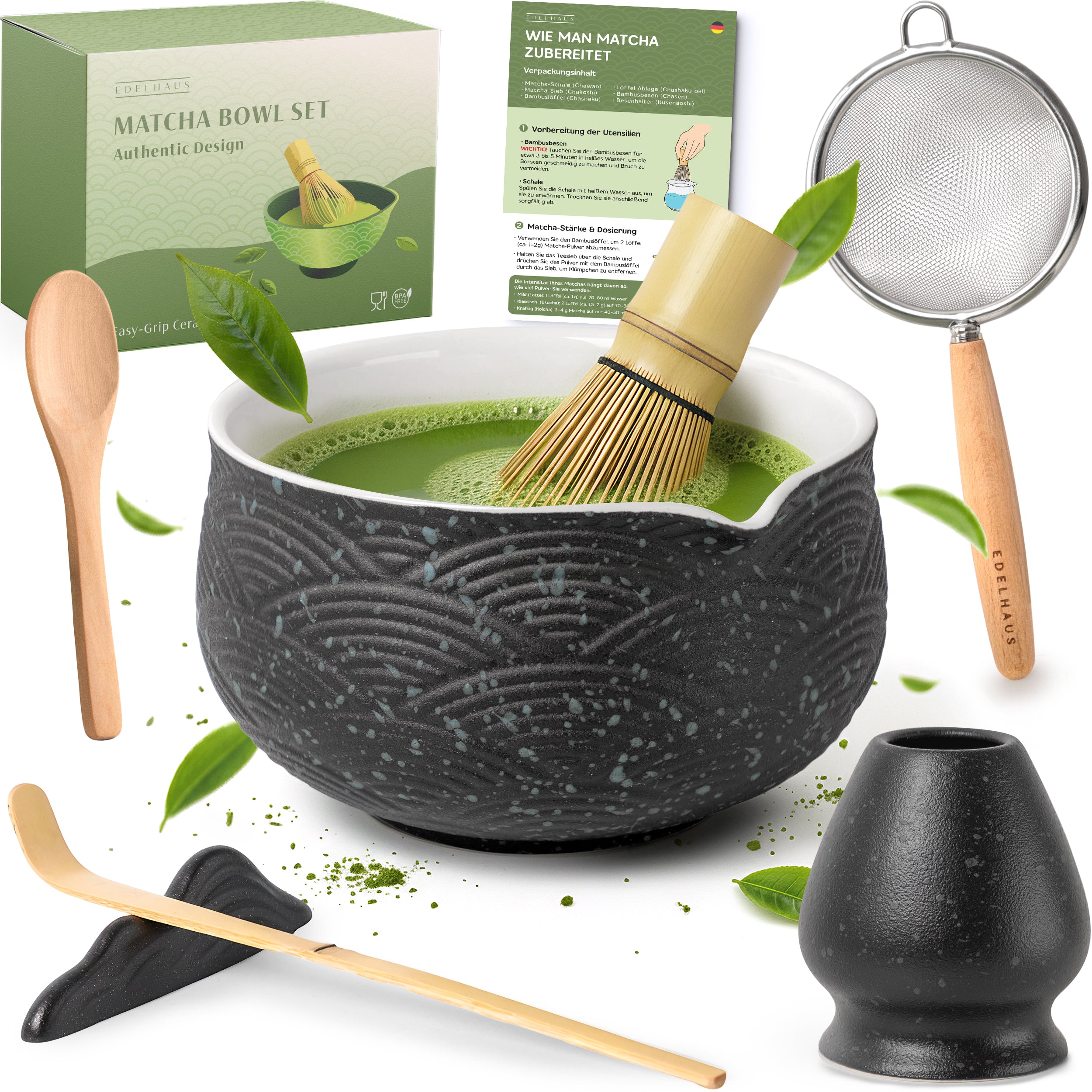 Matcha Set (7 Teilig) Matcha Schale mit Besen, Sieb, Löffel (Schwarz)
