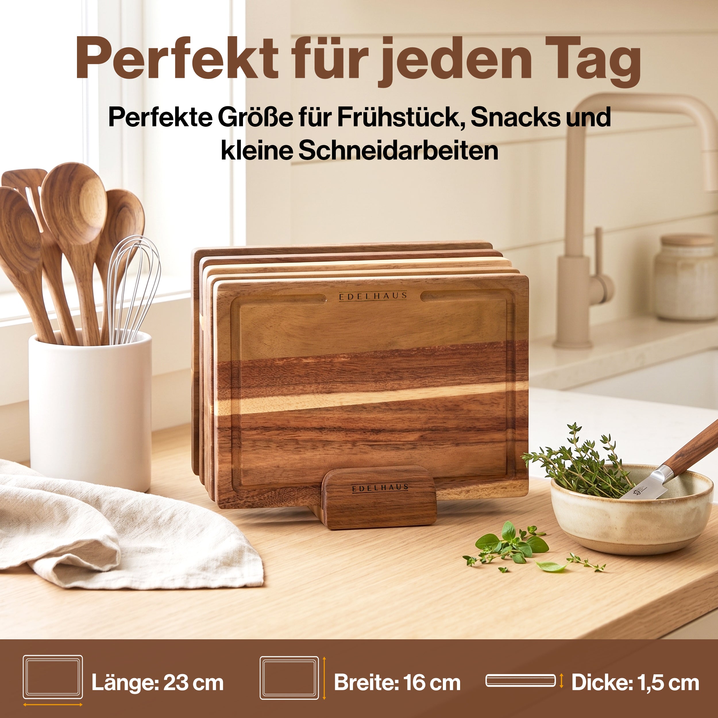 EDELHAUS Frühstücksbrettchen Akazie (5er Set, 23 × 16 cm)
