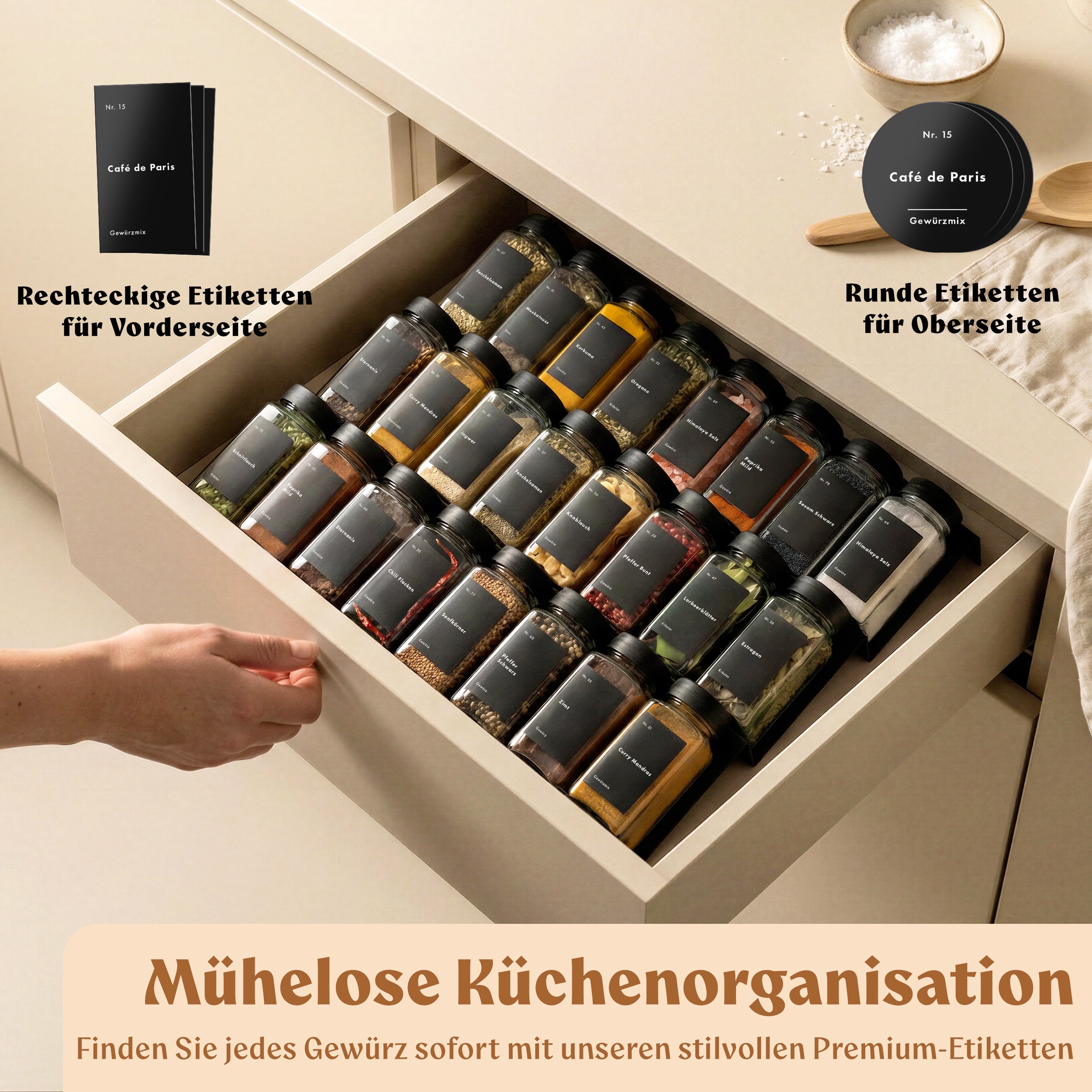 Gewürzgläser Eckig Set mit Plastikdeckel (24 x 120ml) Gewürzstreuer mit Streueinsatz und 240 Etiketten Schwarz