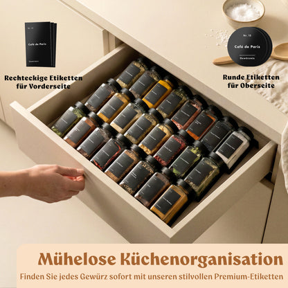 Gewürzgläser Eckig Set mit Plastikdeckel (24 x 120ml) Gewürzstreuer mit Streueinsatz und 240 Etiketten Schwarz