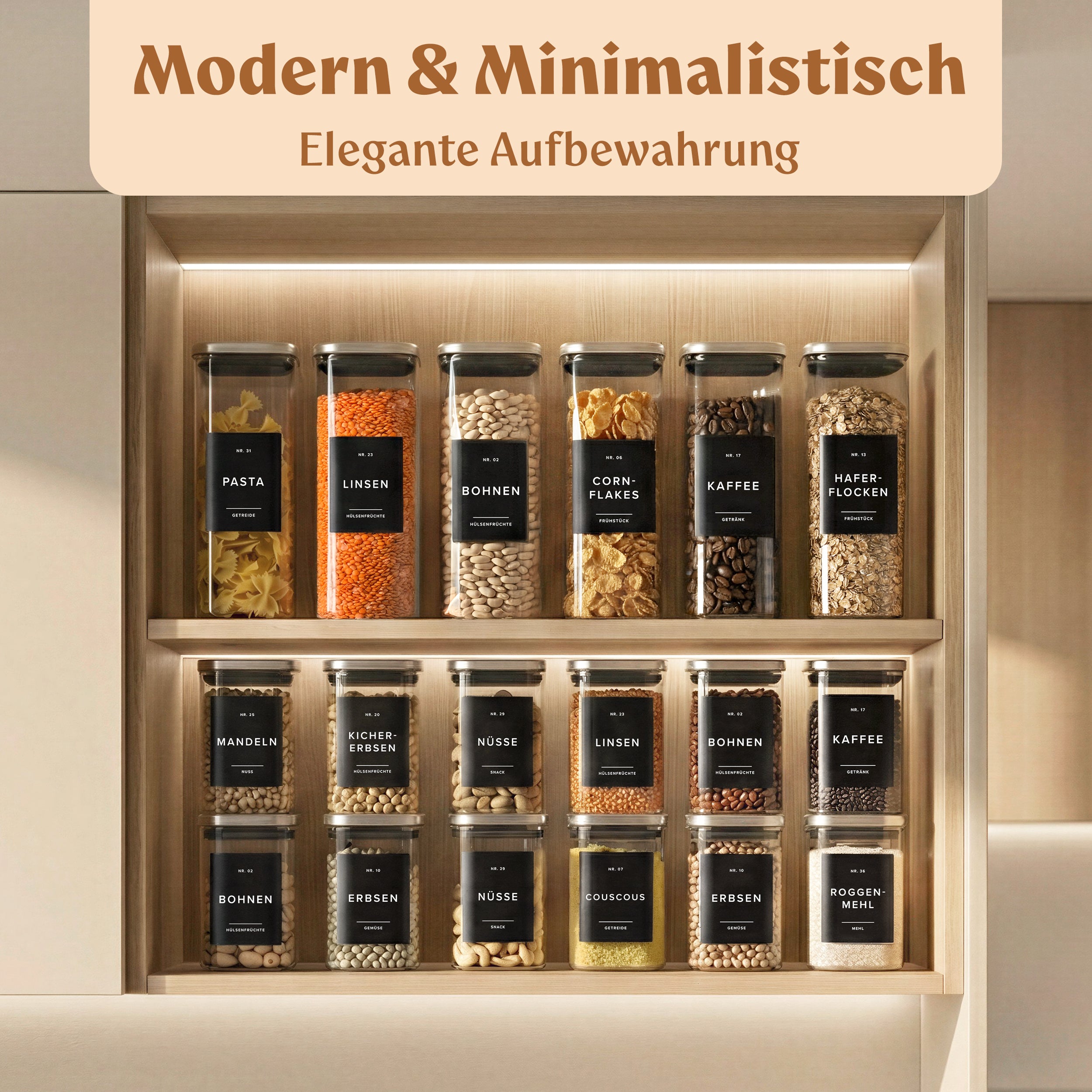 Vorratsgläser mit Deckel aus Edelstahl (4x 1000ml, 8x 600ml) Vorratsdosen mit Deckel &amp; 114 Vorratsetiketten - Luftdichtes Vorratsglas - Stapelbare Glasbehälter