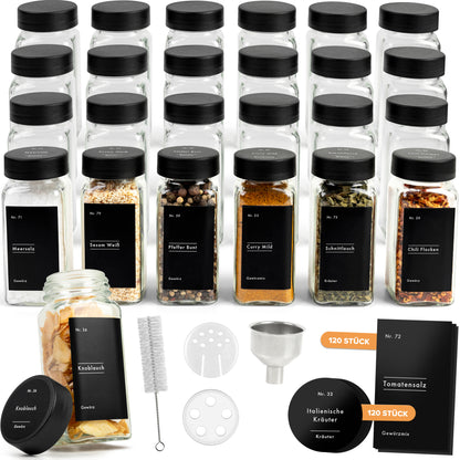 Gewürzgläser Eckig Set mit Plastikdeckel (24 x 120ml) Gewürzstreuer mit Streueinsatz und 240 Etiketten Schwarz