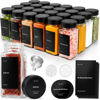 Gewürzgläser Eckig Set mit Plastikdeckel (24 x 120ml) Gewürzstreuer mit Streueinsatz und 240 Etiketten Schwarz