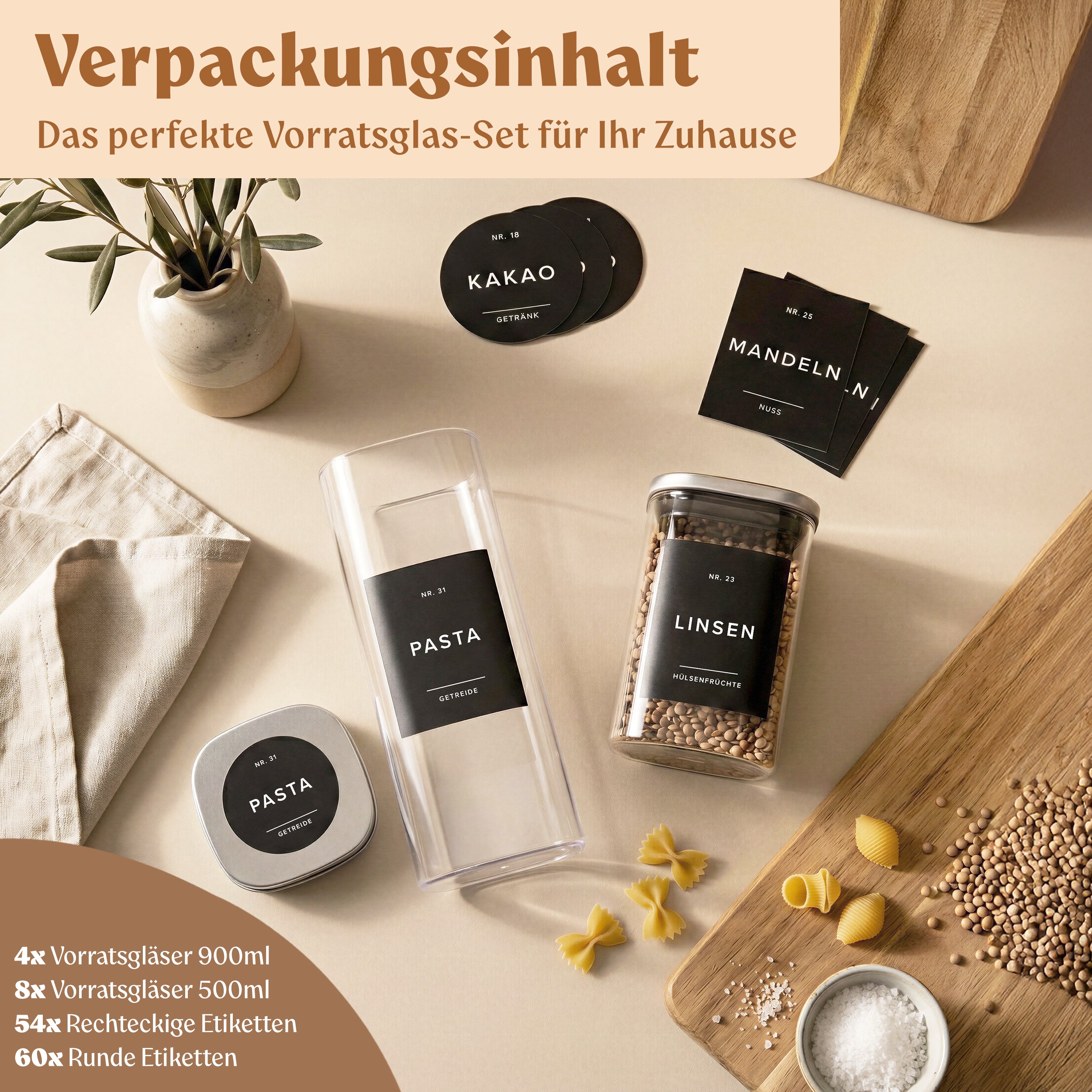 Vorratsgläser mit Deckel aus Edelstahl (4x 1000ml, 8x 600ml) Vorratsdosen mit Deckel &amp; 114 Vorratsetiketten - Luftdichtes Vorratsglas - Stapelbare Glasbehälter