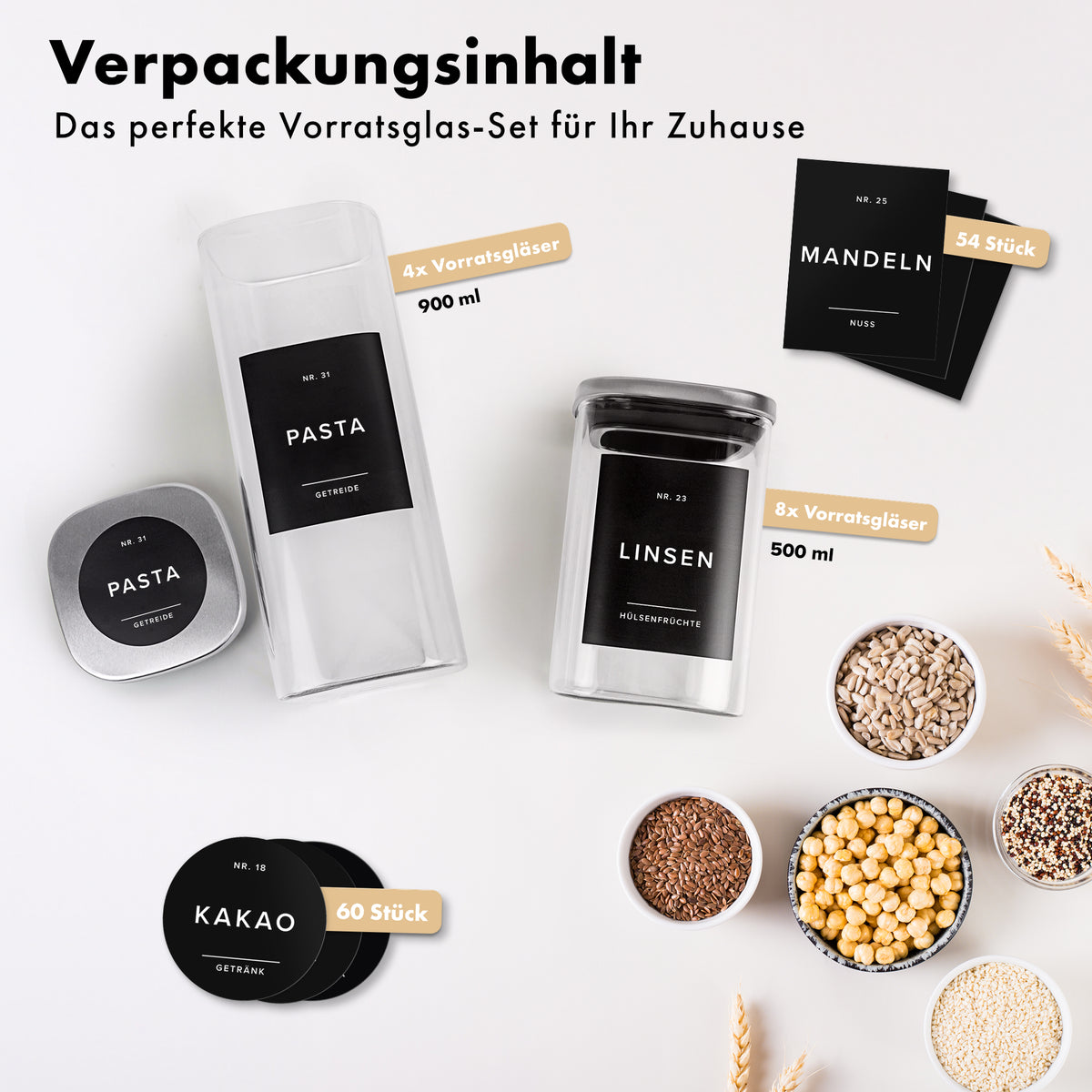 Vorratsgläser mit Deckel aus Edelstahl (4x 900ml, 8x 500ml) & 114 Vorratsetiketten