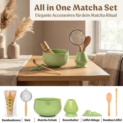 Matcha Set (7 Teilig) Matcha Schale mit Besen, Sieb, Löffel (Grün)