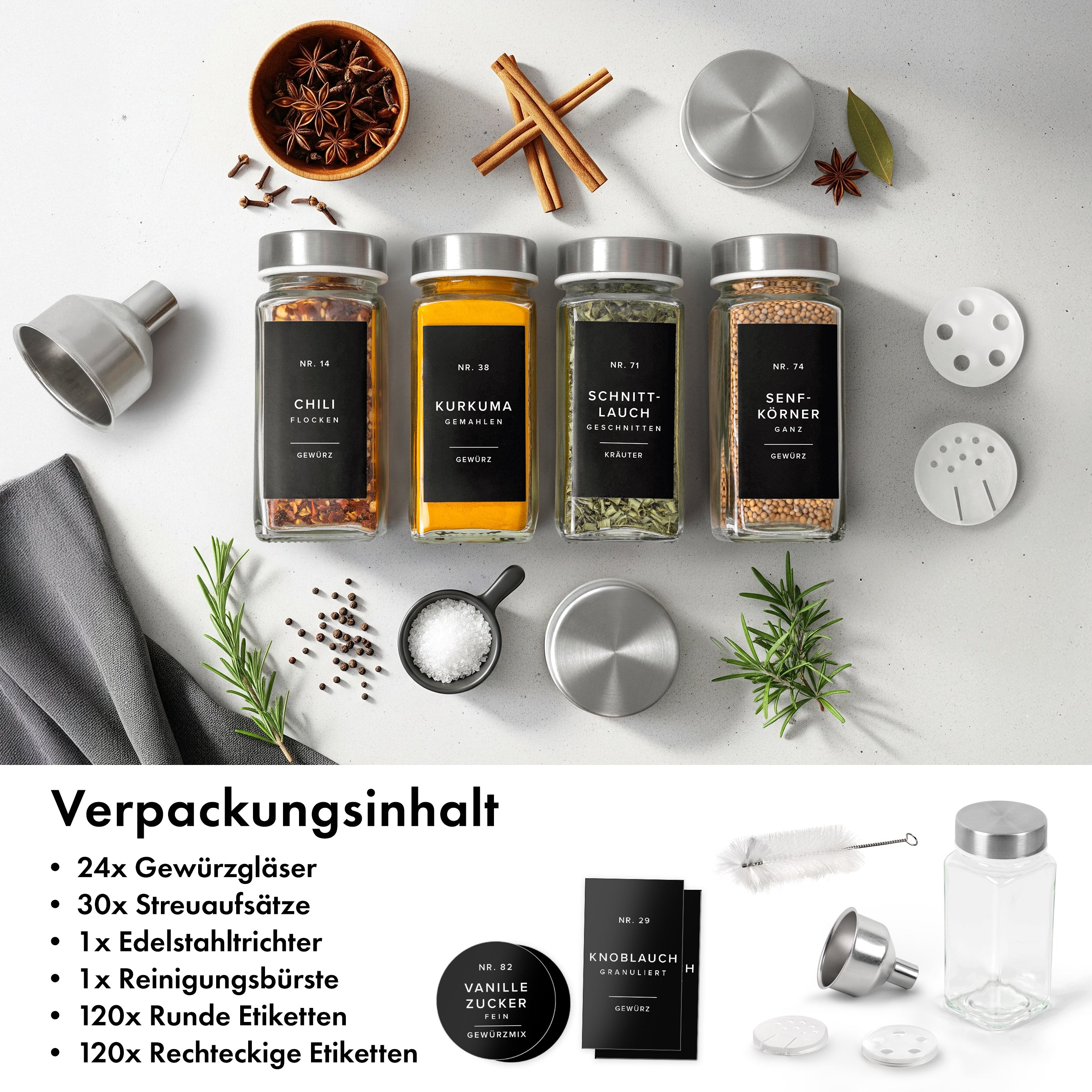 EDELHAUS  Gewürzgläser Set mit Edelstahldeckel  (24 Stück) mit 240 Schwarze Etiketten
