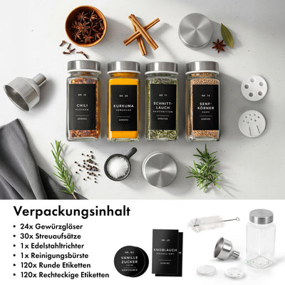 EDELHAUS  Gewürzgläser Set mit Edelstahldeckel  (24 Stück) mit 240 Schwarze Etiketten
