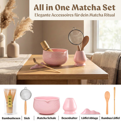 Matcha Set (7 Teilig) Matcha Schale mit Besen, Sieb, Löffel (Rose)