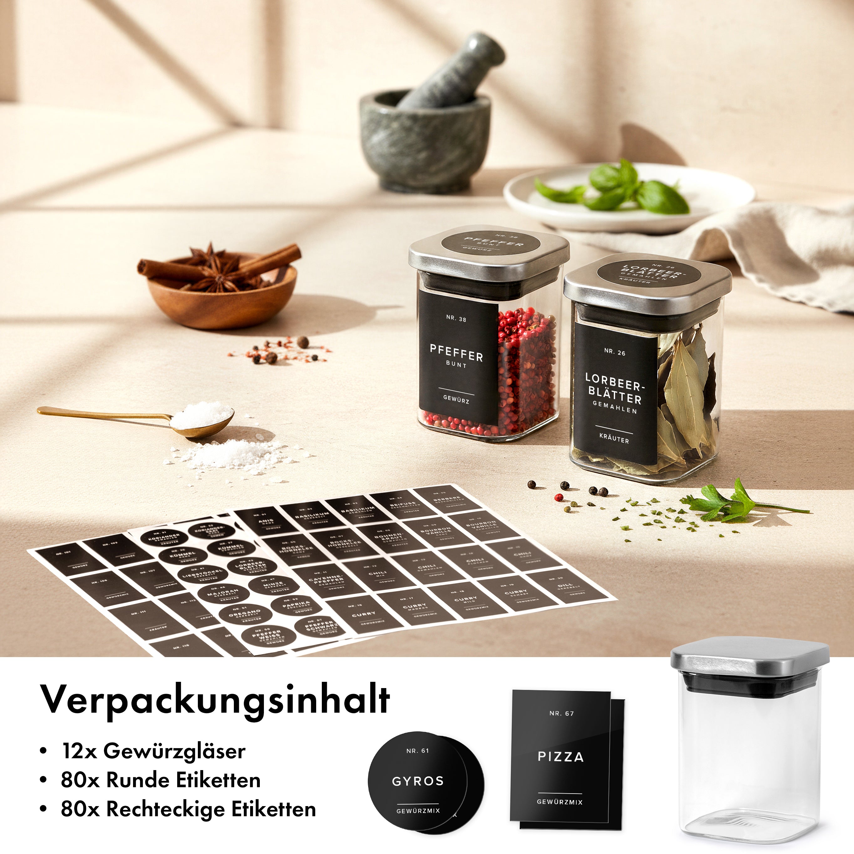 Edelstahldeckel Gewürzgläser 190ml (12 Stück) mit 160 Etiketten 