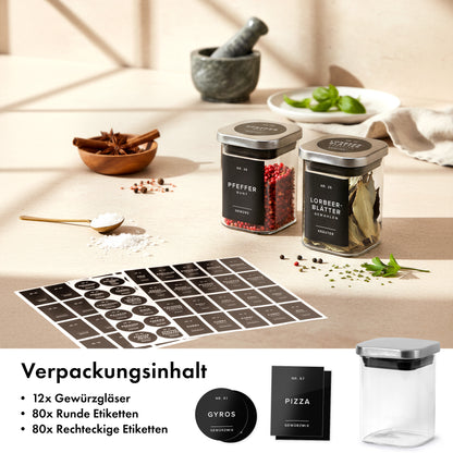 Edelstahldeckel Gewürzgläser 190ml (12 Stück) mit 160 Etiketten 