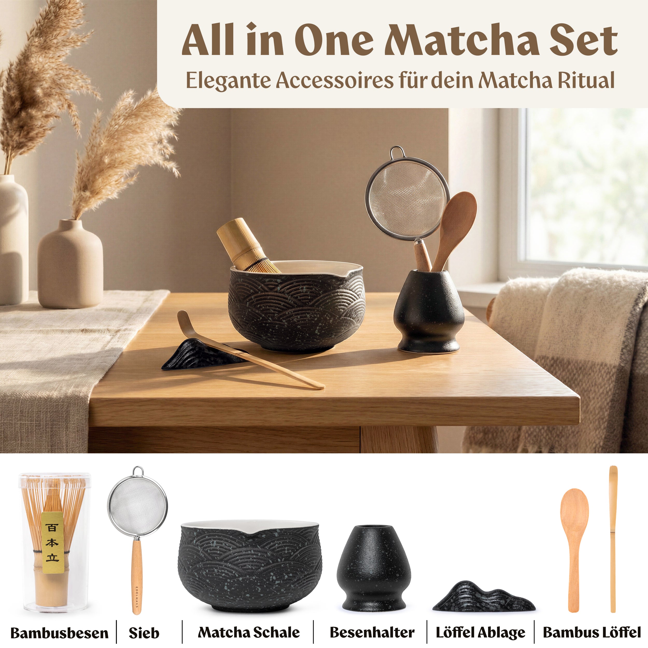 Matcha Set (7 Teilig) Matcha Schale mit Besen, Sieb, Löffel (Schwarz)