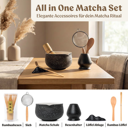 Matcha Set (7 Teilig) Matcha Schale mit Besen, Sieb, Löffel (Schwarz)